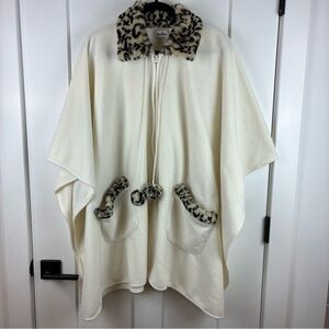 LeMode Leopard Trim Cream Cape Poncho One Size